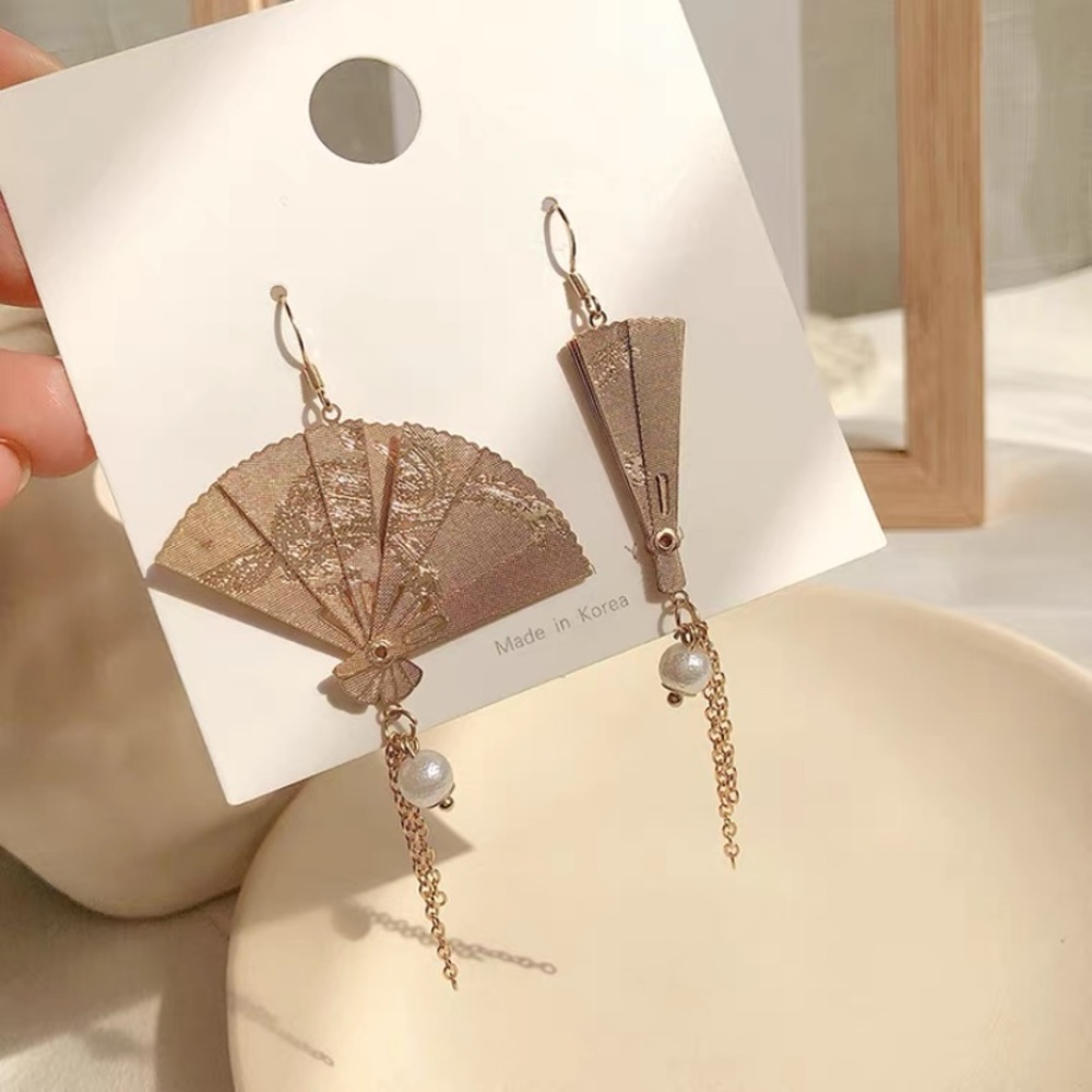 Golden Fan Earrings Antique Asian Art Tassels - Picture 8 of 14